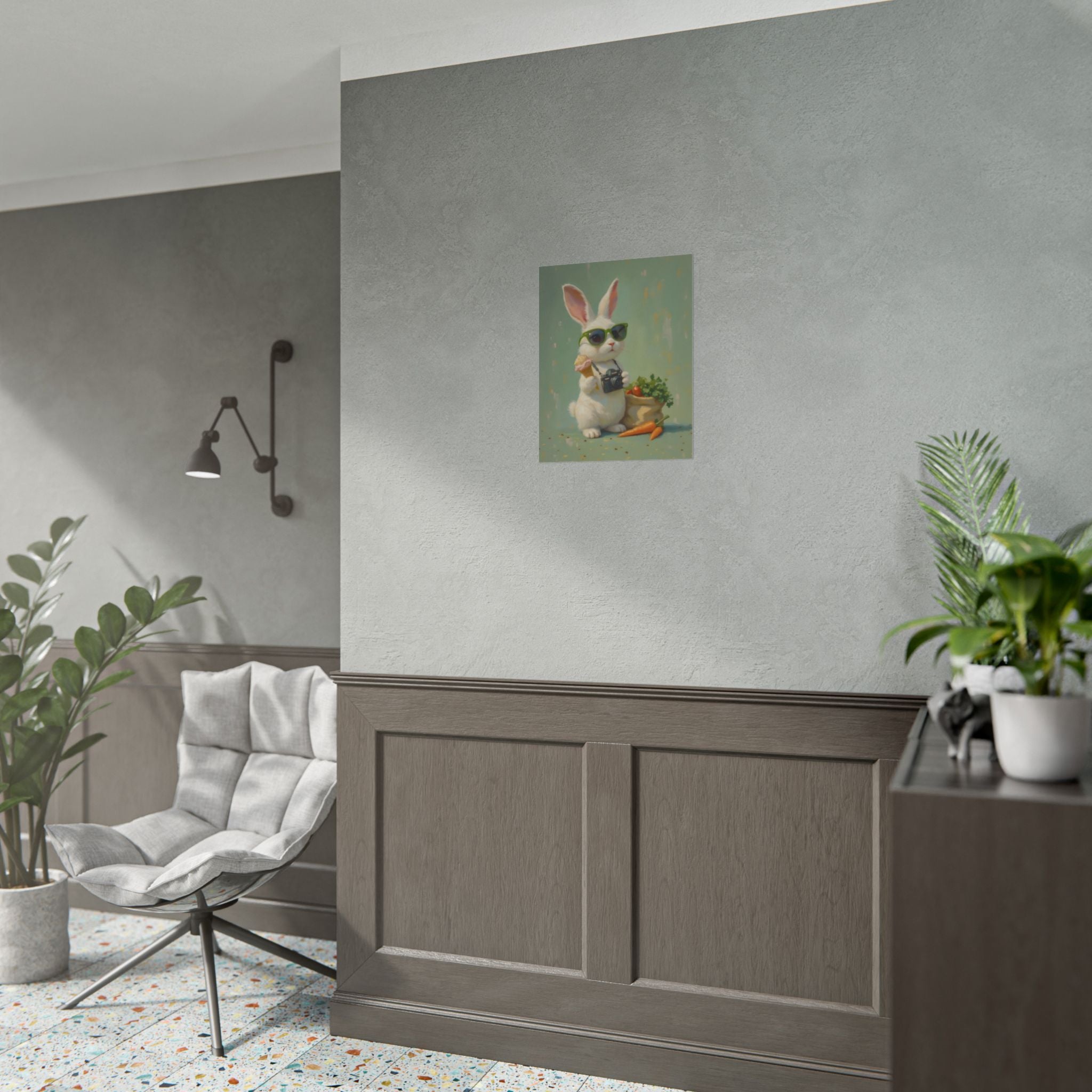 Green Bunny Rolled Poster — Cool Bunny with Camera Art Print