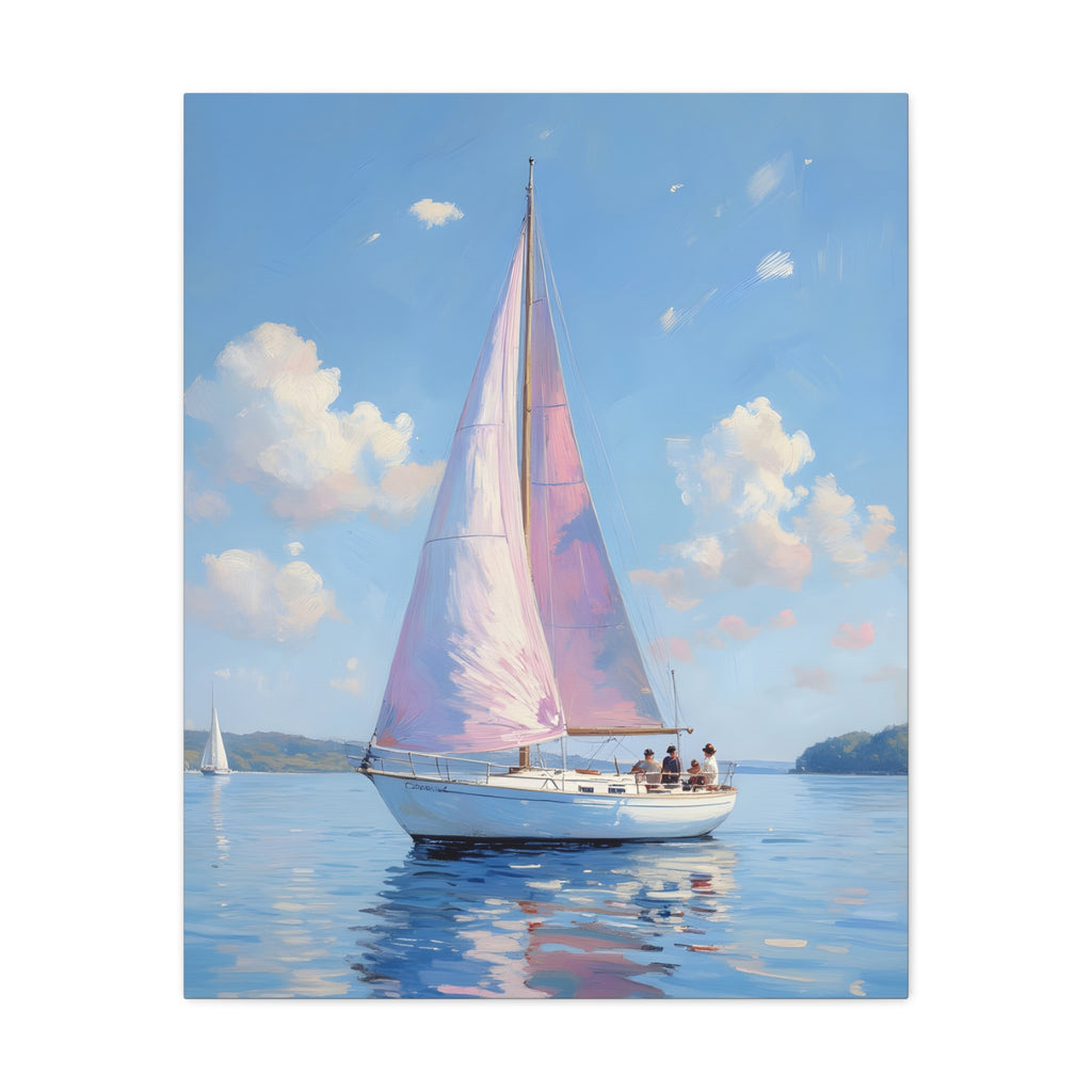 Sailing boat on calm water with pink accents Wall Art - Stretched Canvas