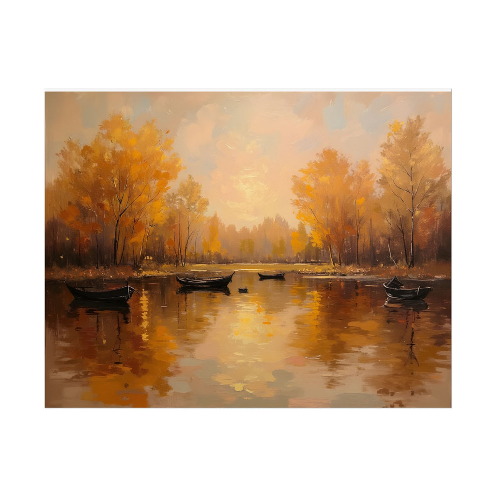 Autumn at the lake with rowboats - Poster
