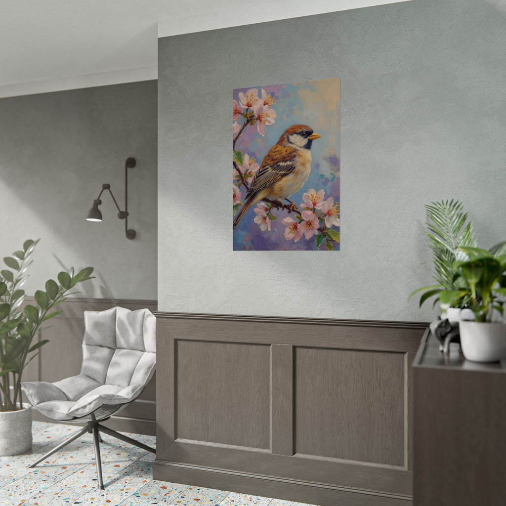 Bird on Blossom Rolled Poster — Spring Sparrow on Branch Wall Art Print