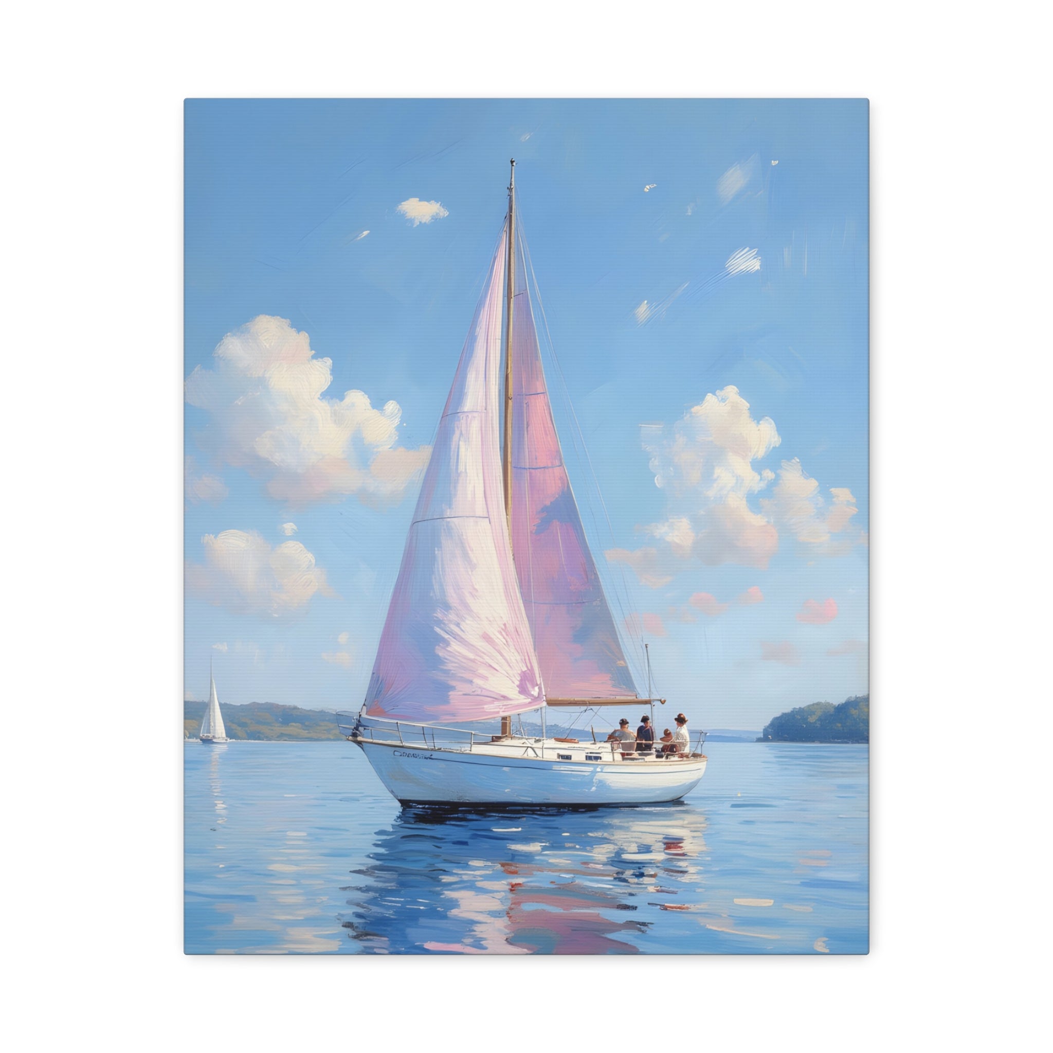 Sailing boat on calm water with pink accents Wall Art - Stretched Canvas
