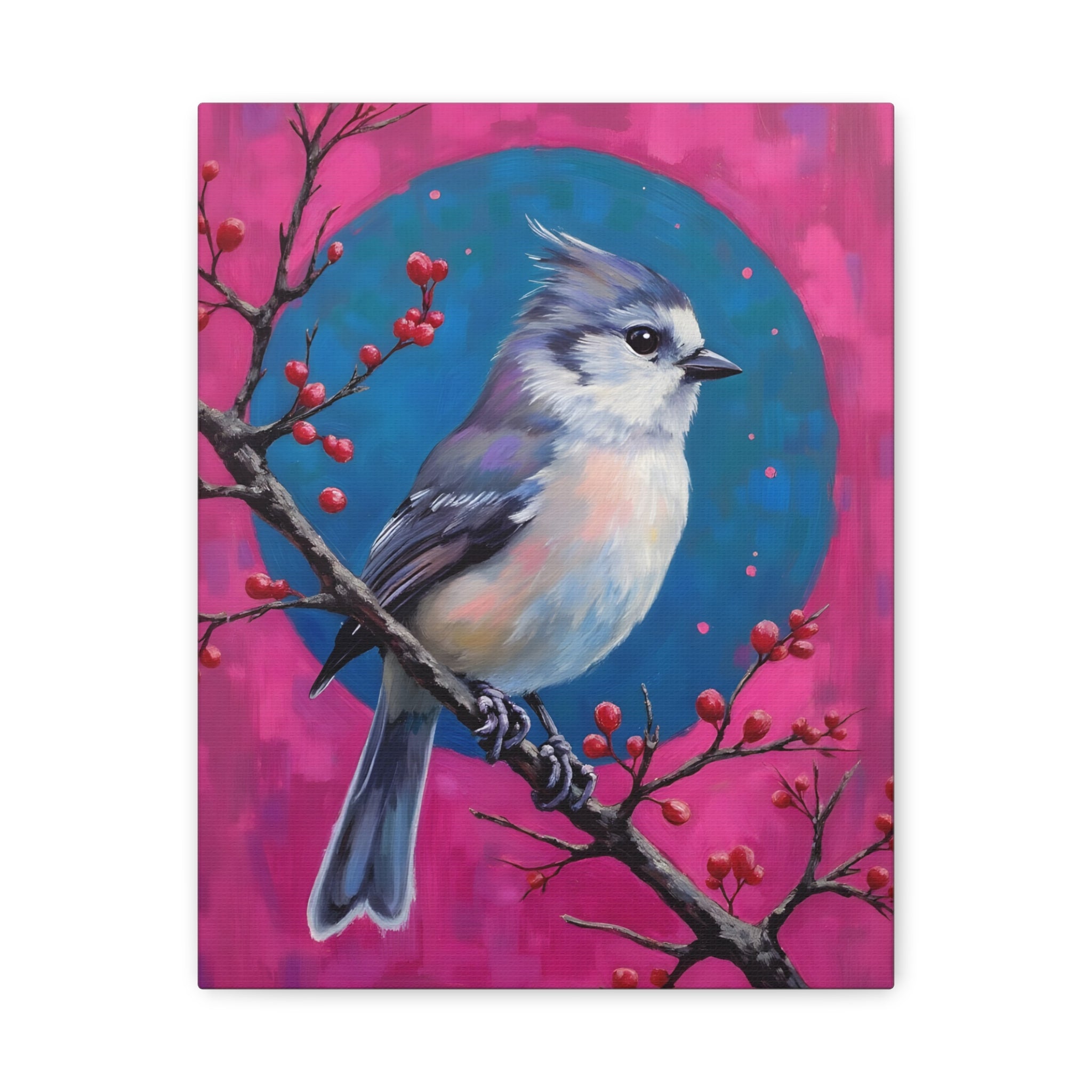 Blue jay on a holly branch Wall Art - Stretched Canvas