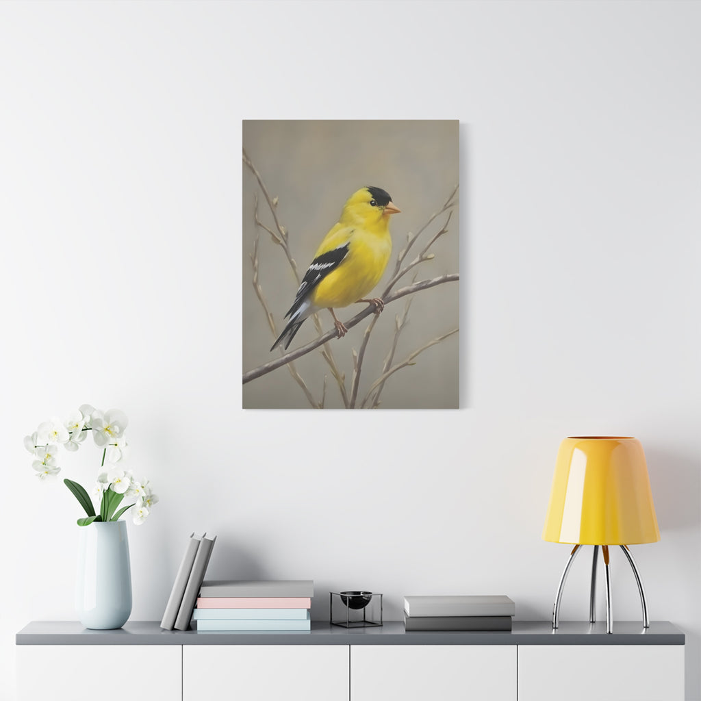 Goldfinch Wall Art Canvas — Yellow Songbird Painting on Branch, Matte Stretched Canvas