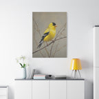 Goldfinch Wall Art Canvas — Yellow Songbird Painting on Branch, Matte Stretched Canvas