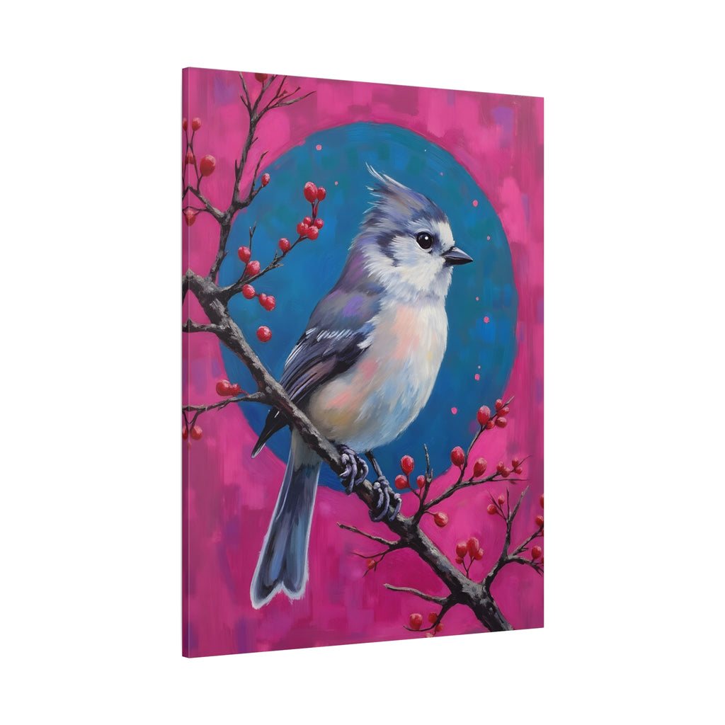 Blue jay on a holly branch Wall Art - Stretched Canvas
