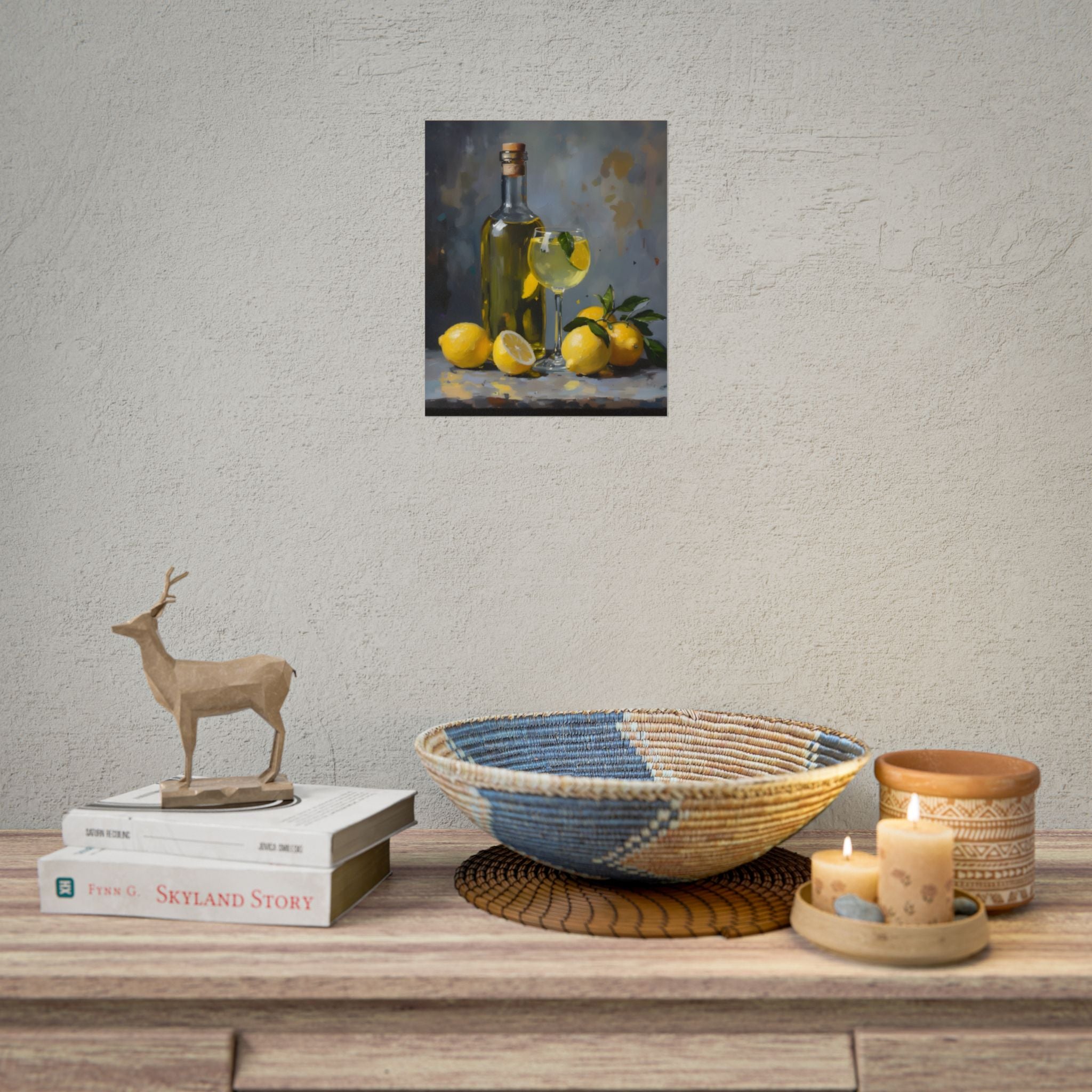 Limoncello with lemons Still Life Rolled Poster – Citrus Bottle Art Print