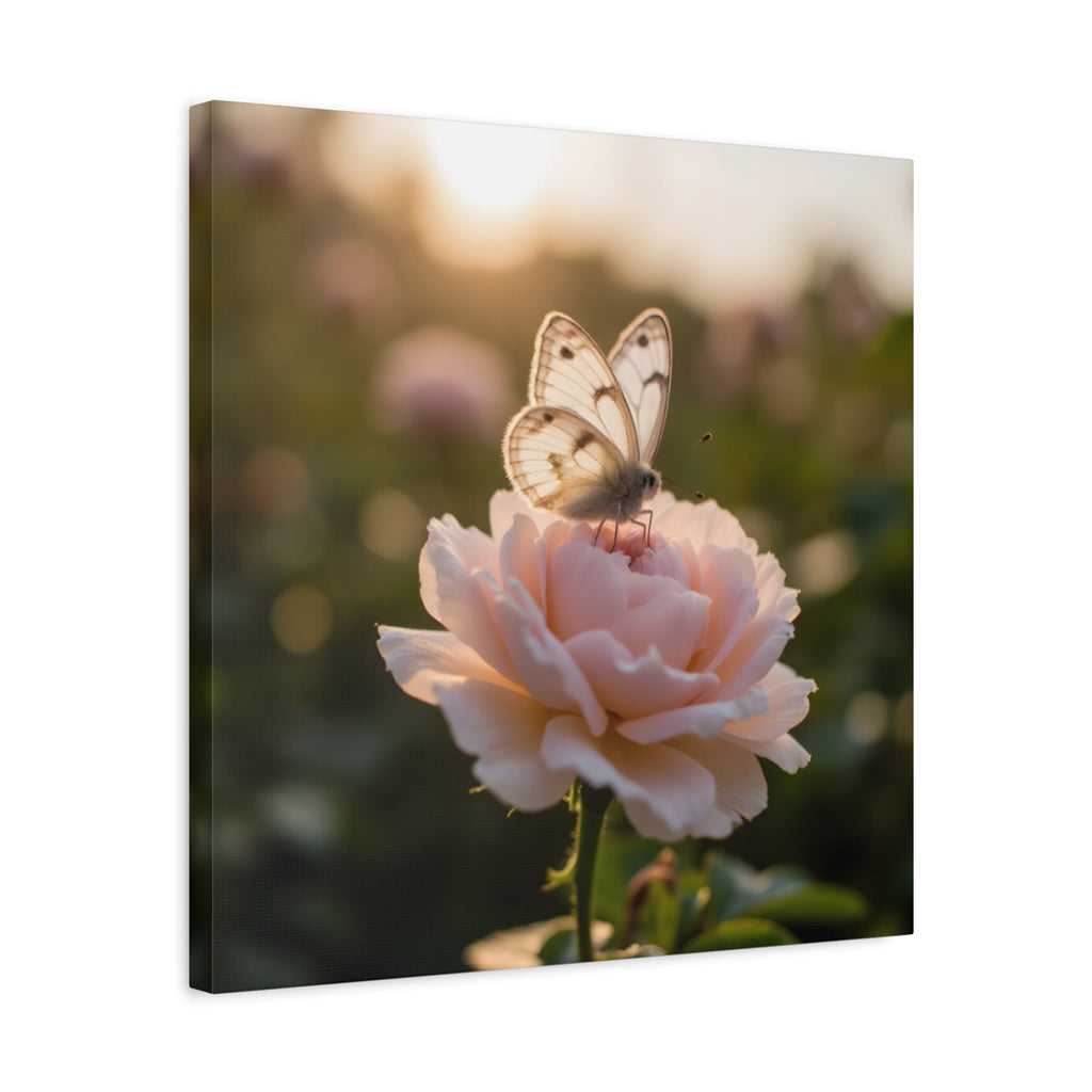 Butterfly on Pink Rose Wall Art - Stretched Canvas