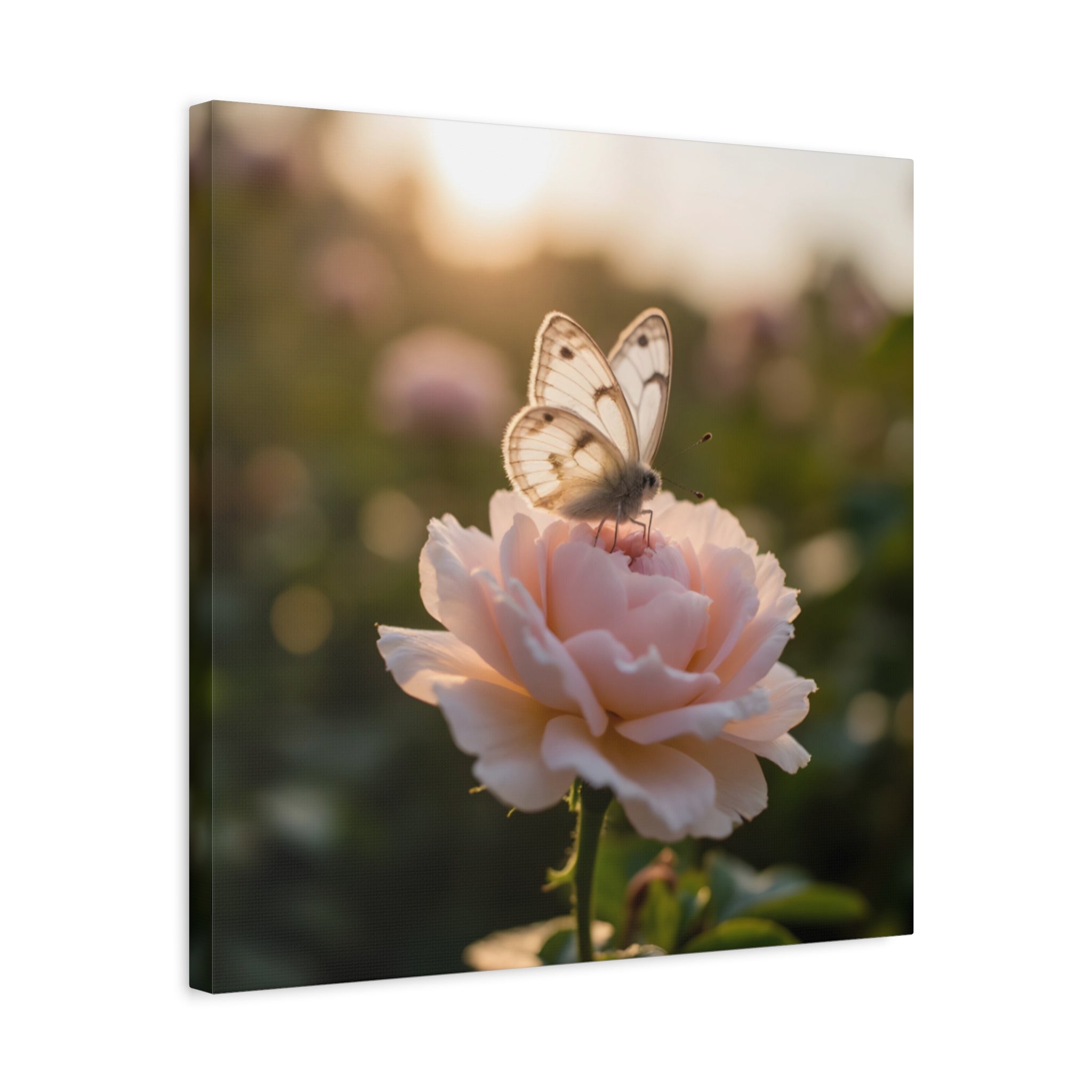 Butterfly on Pink Rose Wall Art - Stretched Canvas