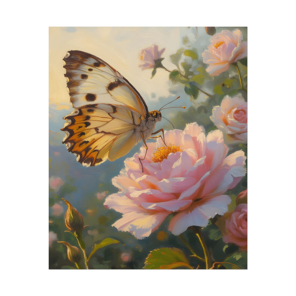 Butterfly on Pink Rose Wall Art - Poster