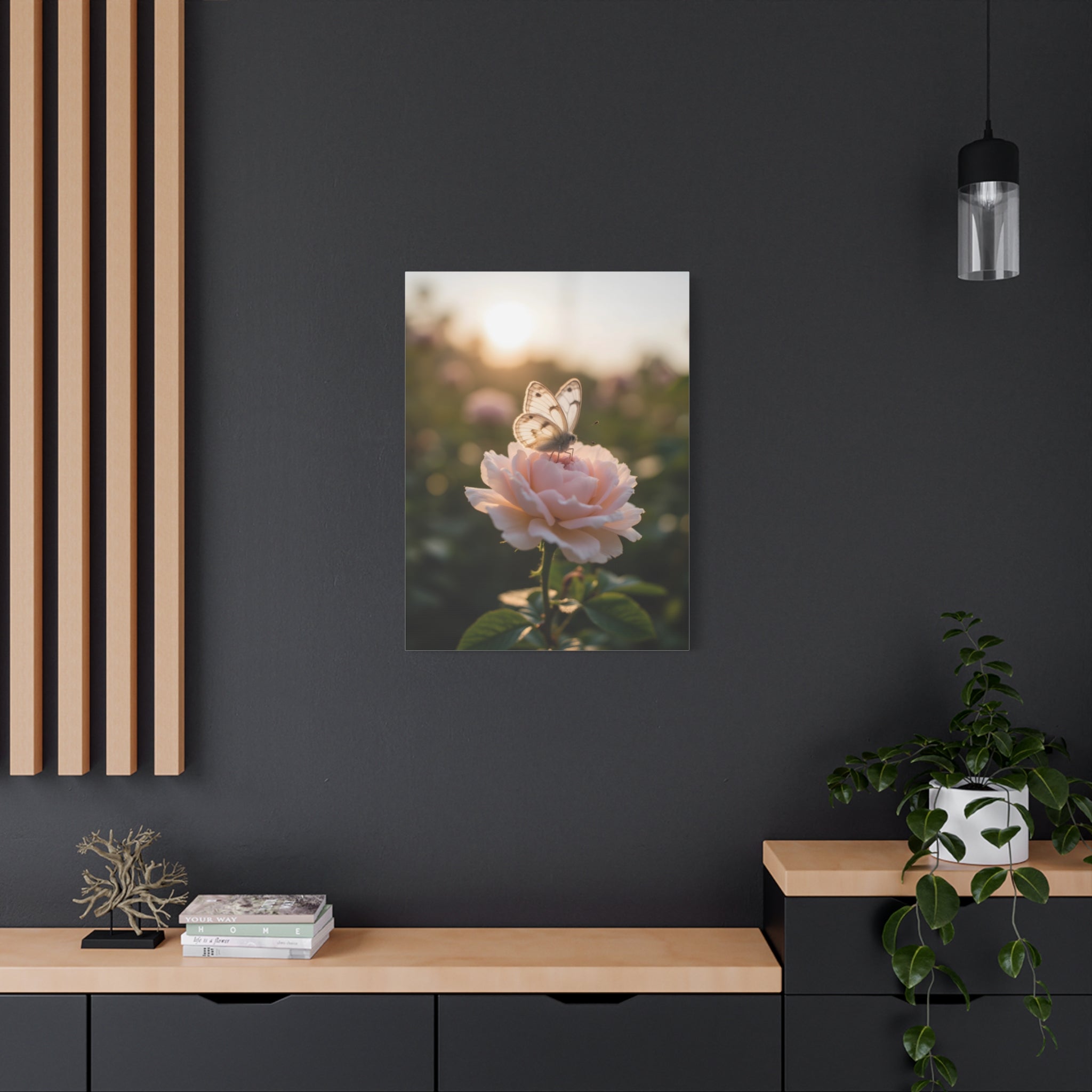 Butterfly on Pink Rose Wall Art - Stretched Canvas