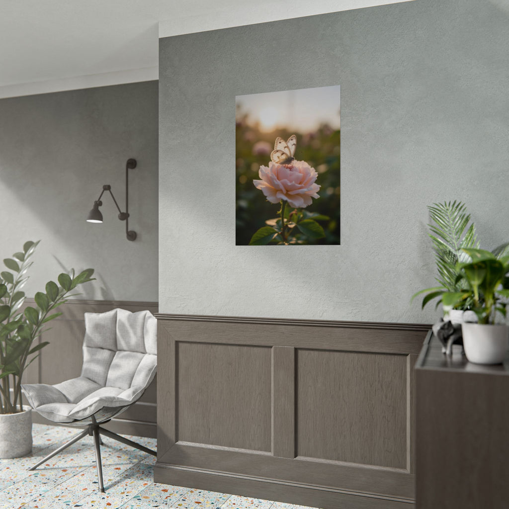Butterfly on Pink Rose Wall Art - Poster