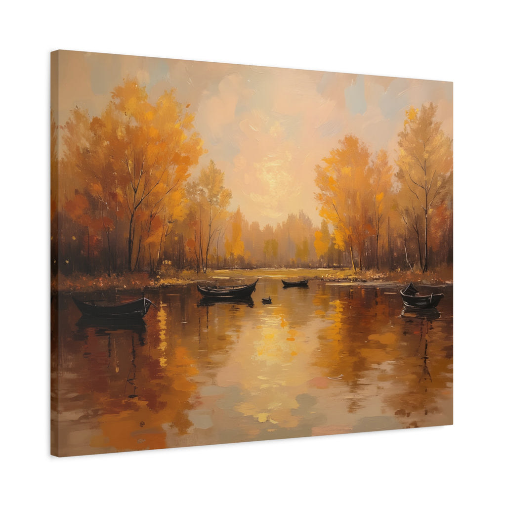 Autumn at the lake with rowboats Wall Art - Stretched Canvas