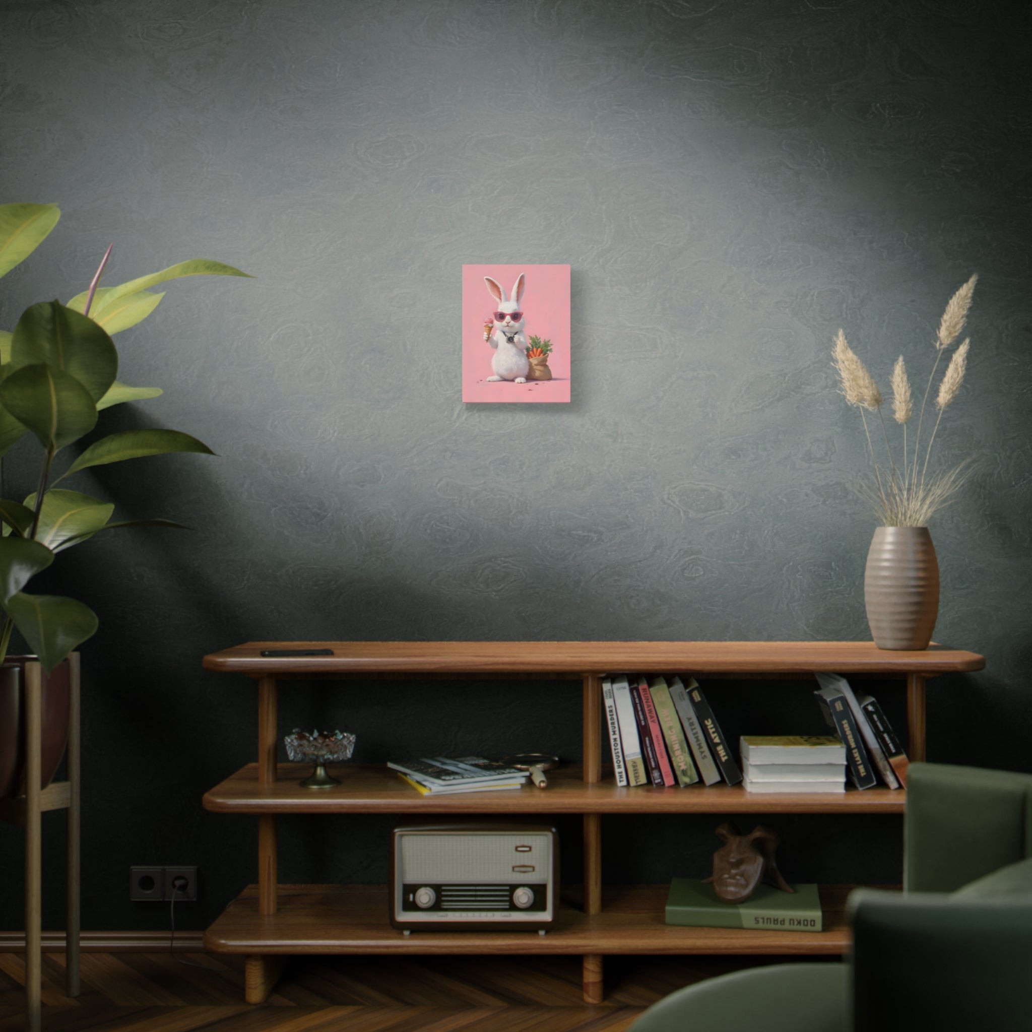 Pink Cute Bunny Canvas Wall Art — Cool Rabbit with Sunglasses, Ice Cream & Carrots (Matte Stretched)