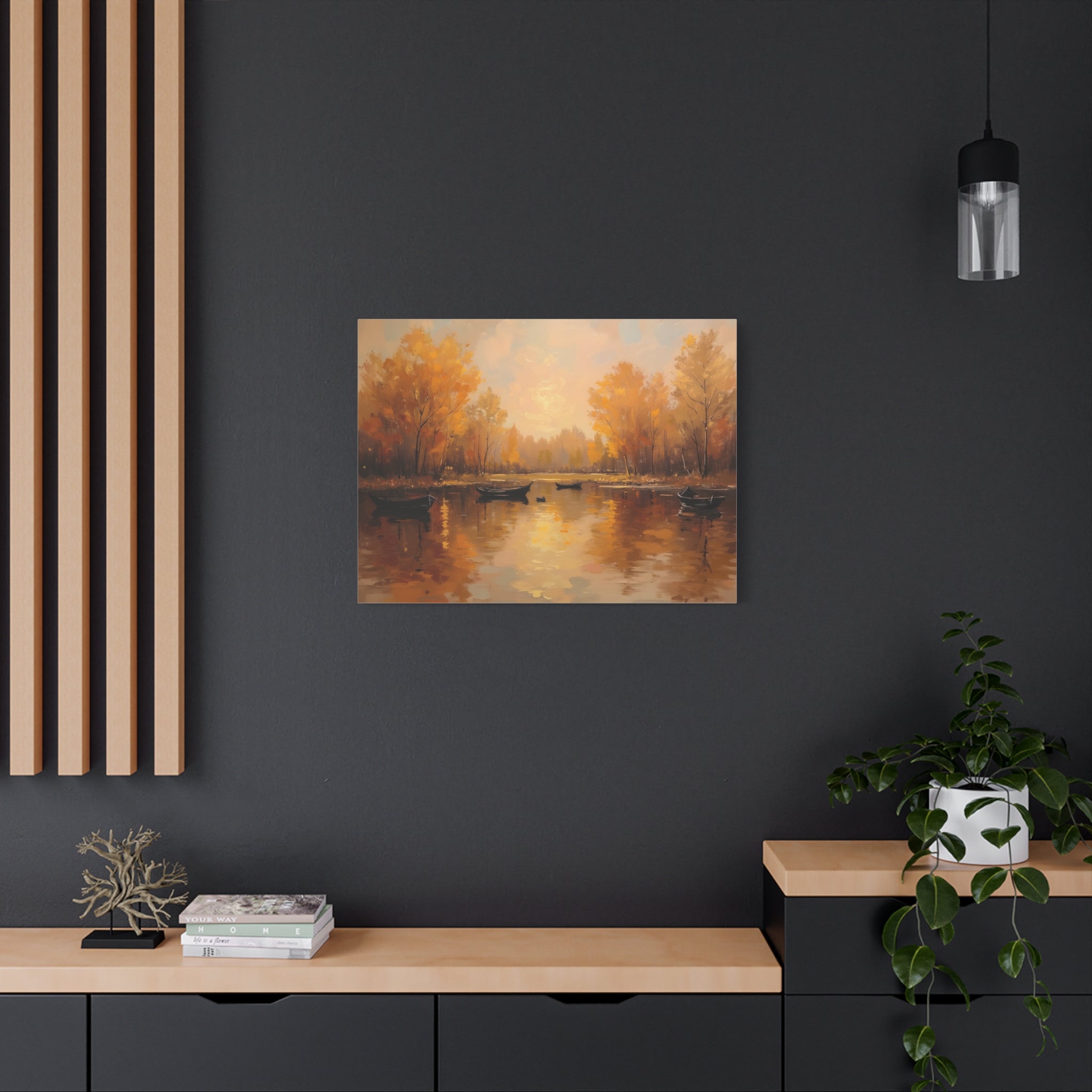 Autumn at the lake with rowboats Wall Art - Stretched Canvas