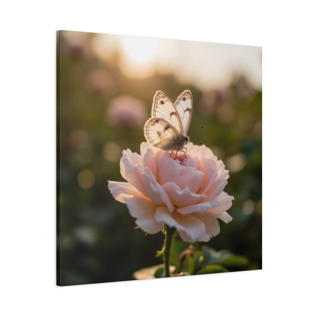 Butterfly on Pink Rose Wall Art - Stretched Canvas