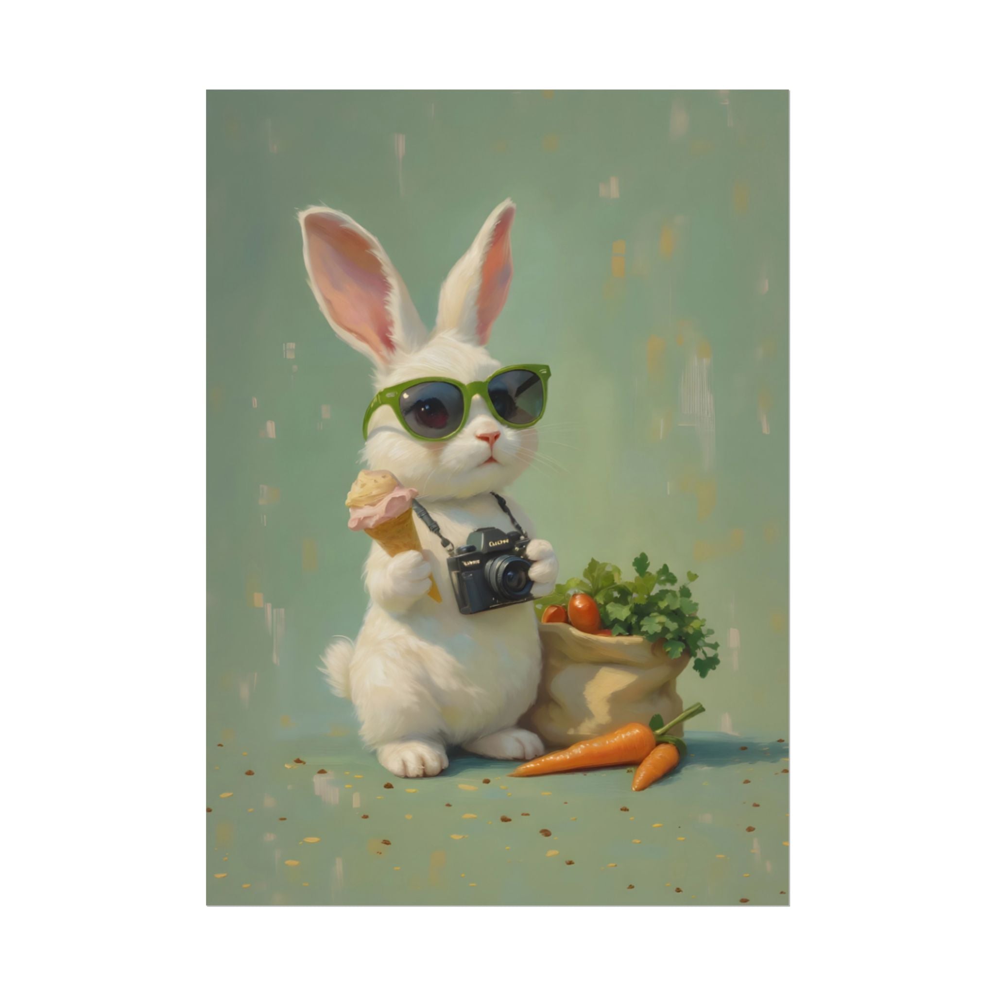 Green Bunny Rolled Poster — Cool Bunny with Camera Art Print
