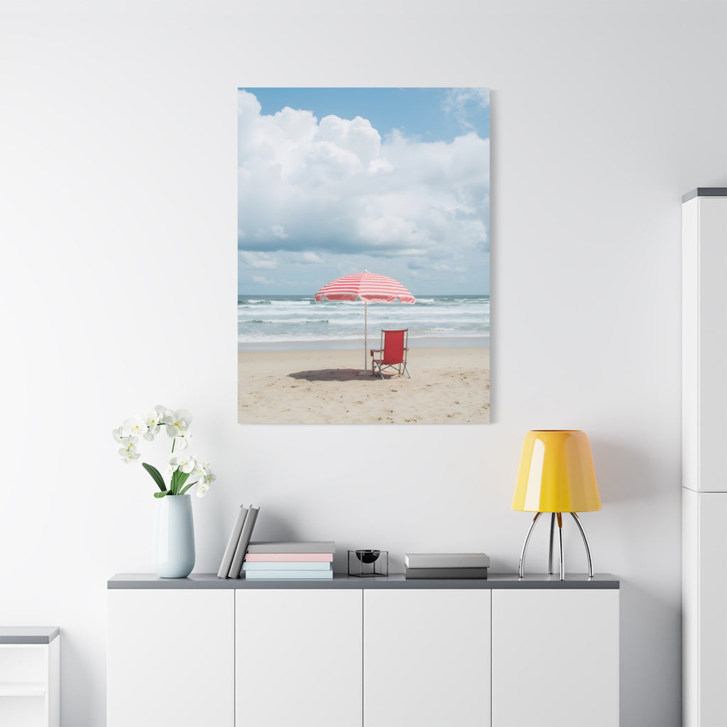 Sun-drenched beach memory with beach chair and umbrella Canvas Wall Art - Stretched Canvas