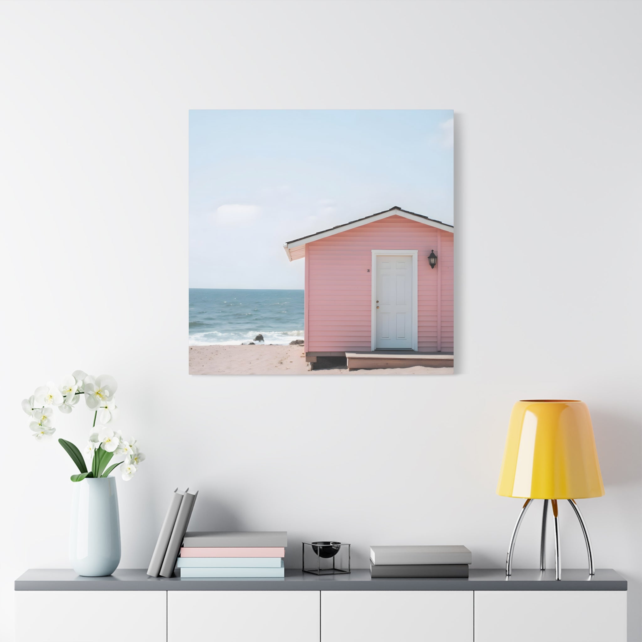 Pink Beach Cottage  Wall Art - Stretched Canvas