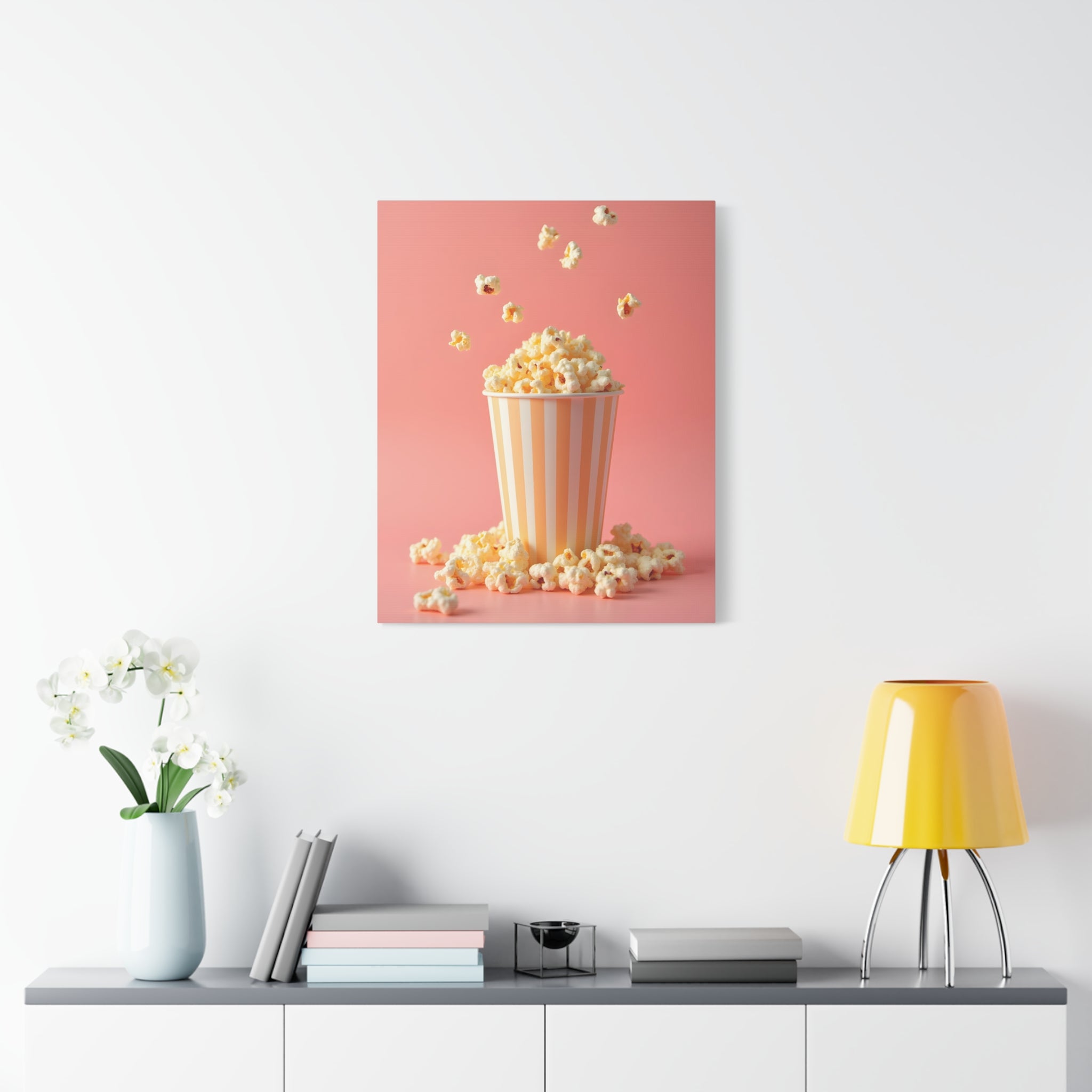 Popcorn with a pink background Wall Art - Stretched Canvas