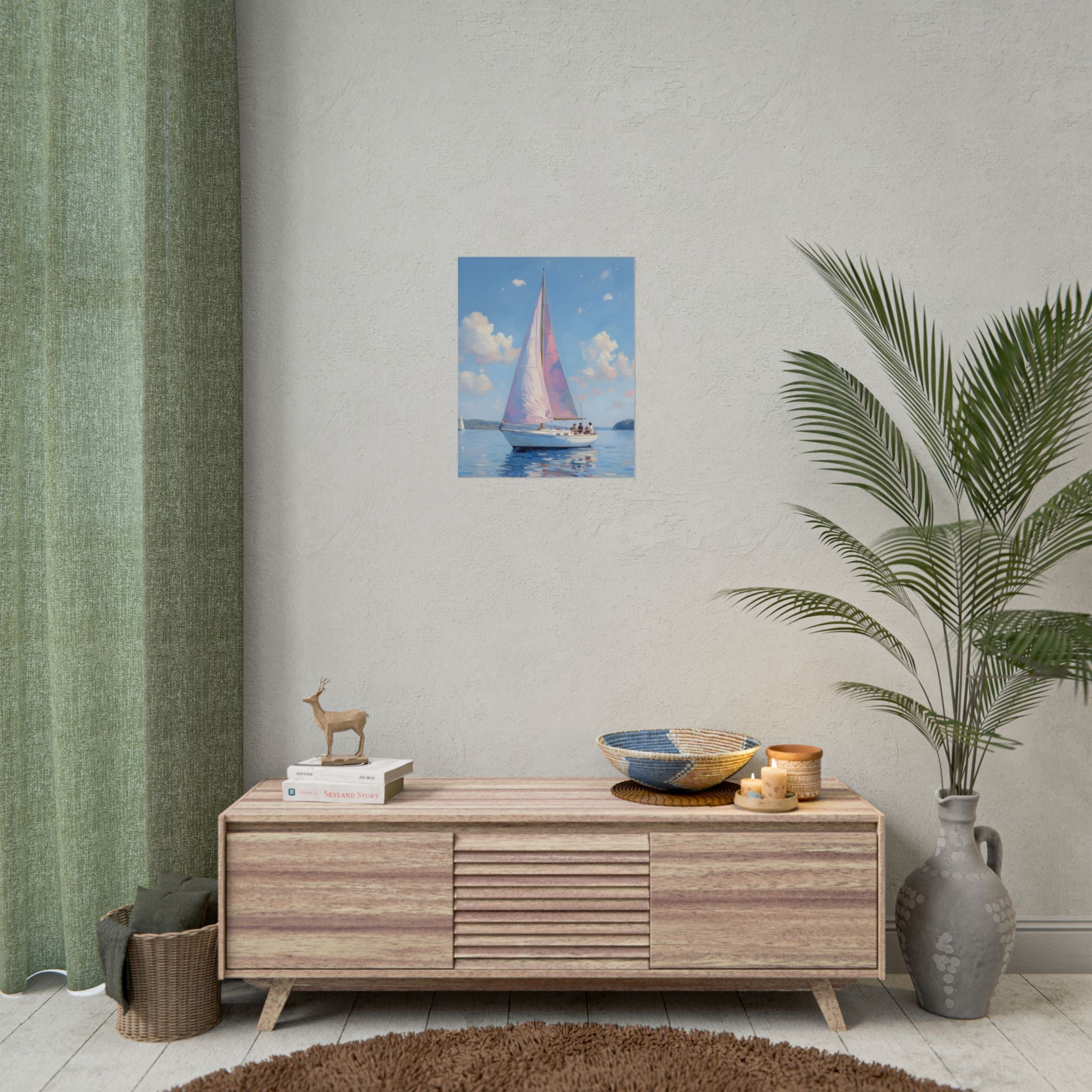 Sailing boat on calm water with pink accents - Poster