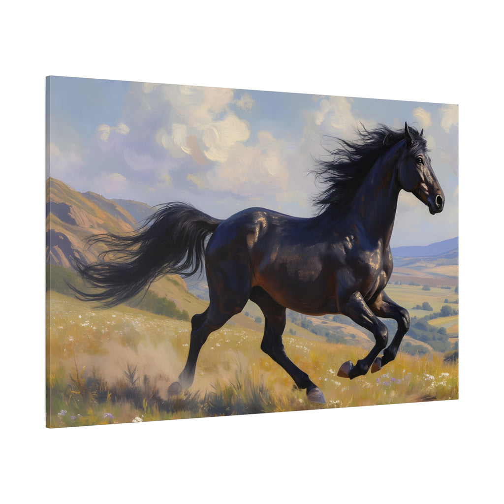 Running Black Stallion Wall Art - Horse Painting - Stretched Canvas