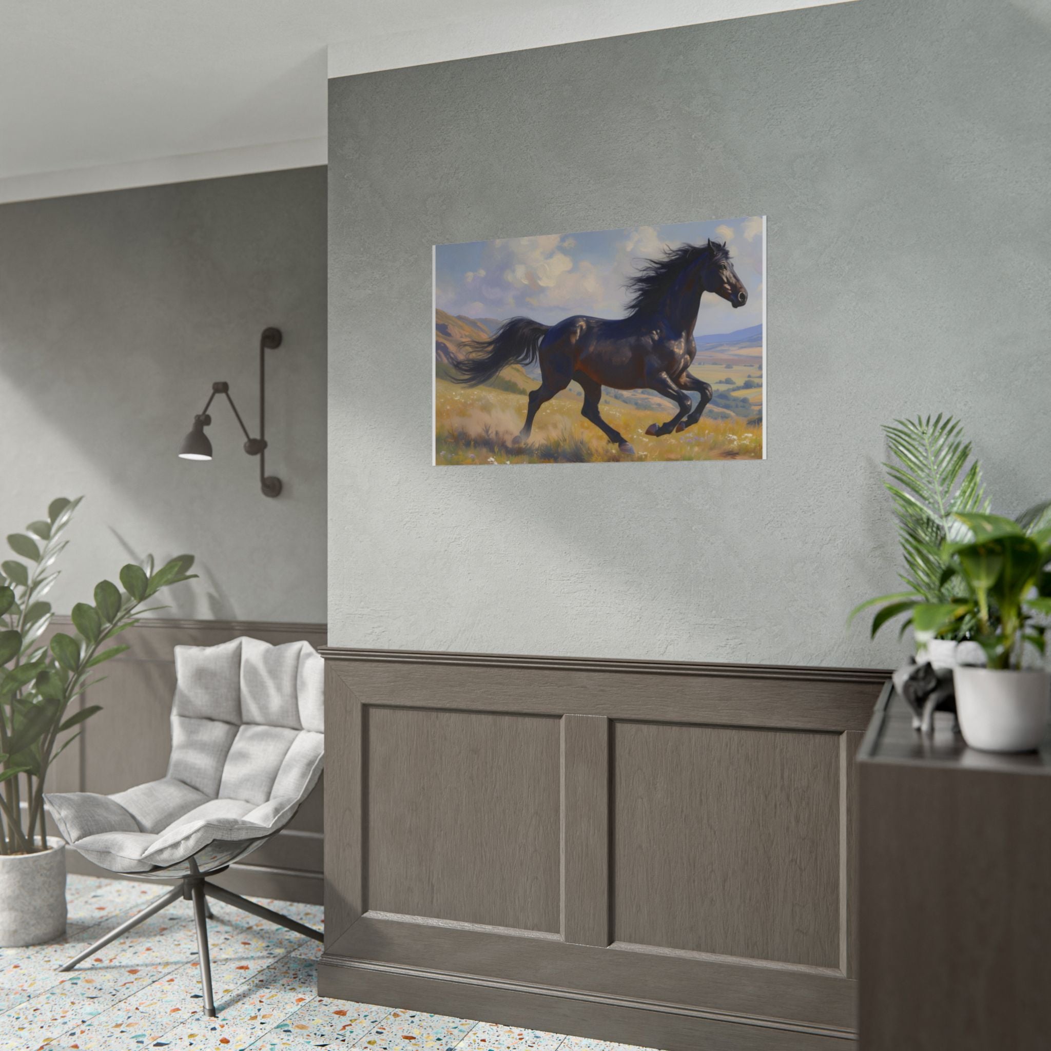 Running Black Stallion Wall Art - Horse Painting - Poster