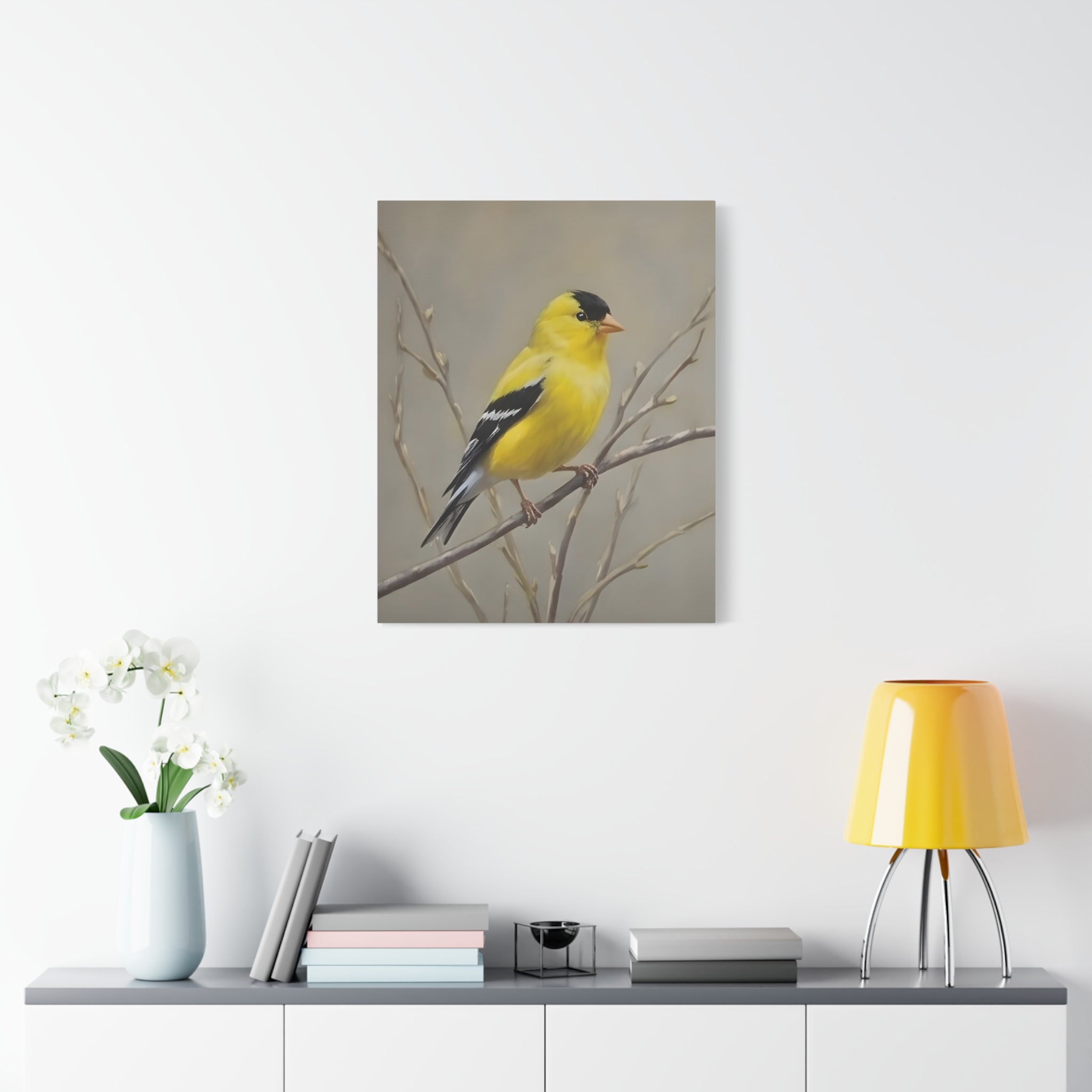 Goldfinch Wall Art Canvas — Yellow Songbird Painting on Branch, Matte Stretched Canvas