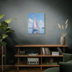 Sailing boat on calm water with pink accents Wall Art - Stretched Canvas