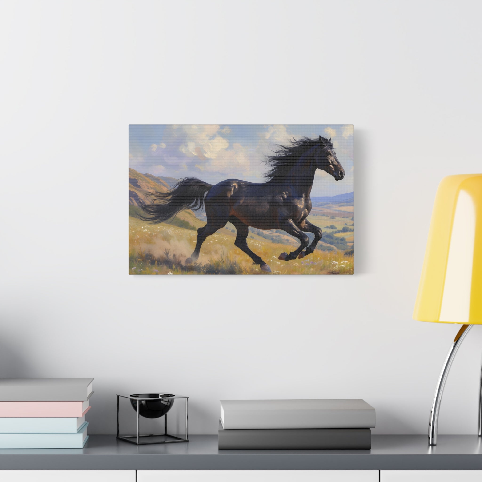 Running Black Stallion Wall Art - Horse Painting - Stretched Canvas