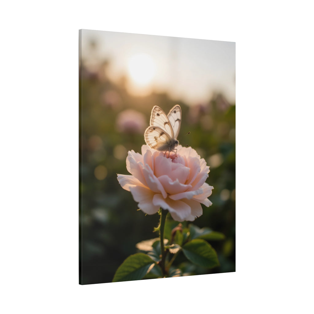 Butterfly on Pink Rose Wall Art - Stretched Canvas