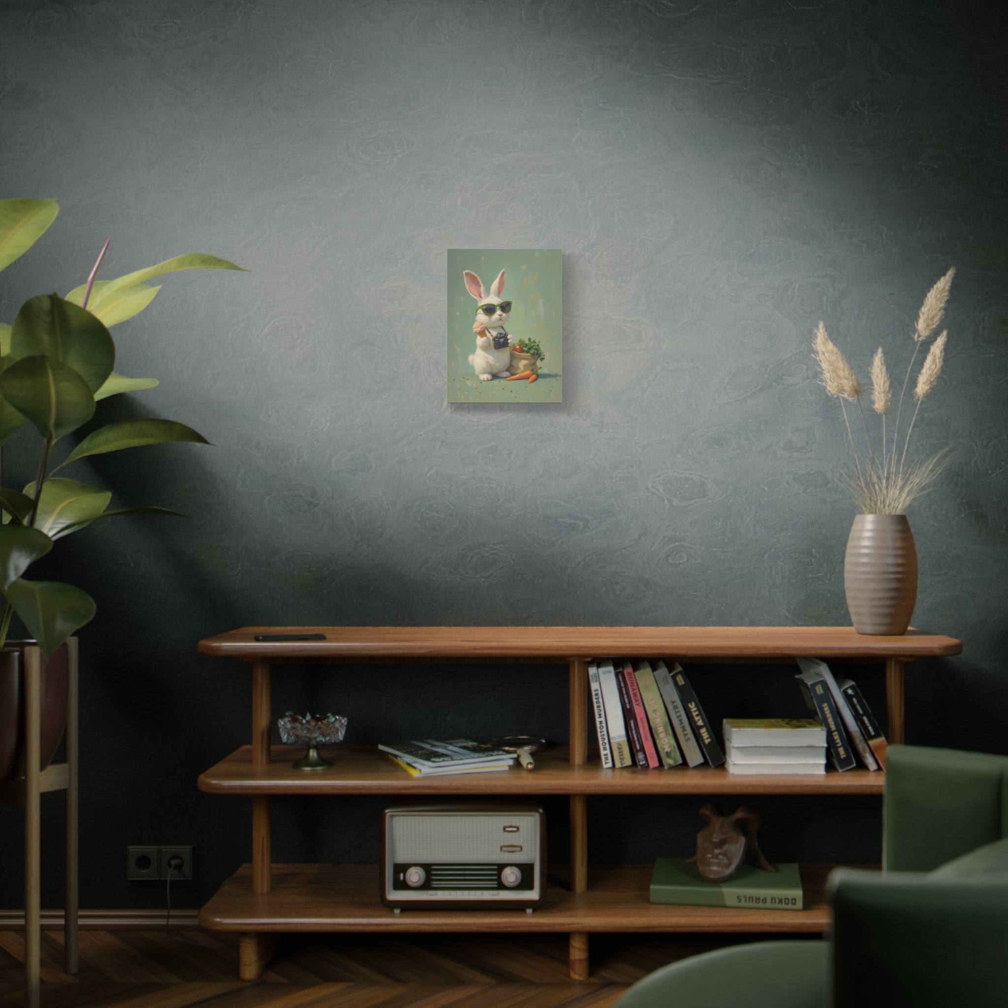 Green Bunny Canvas Wall Art — Photographer Bunny with Carrots & Ice Cream