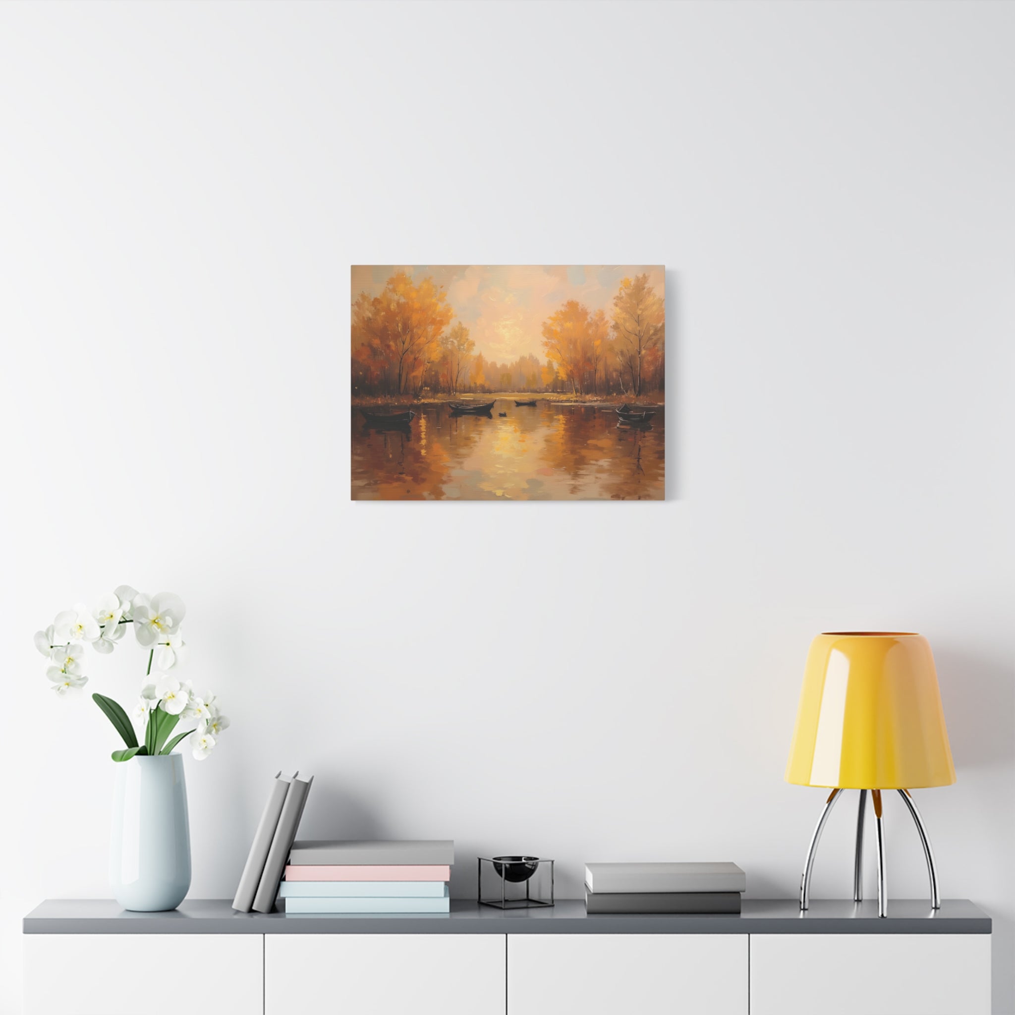 Autumn at the lake with rowboats Wall Art - Stretched Canvas