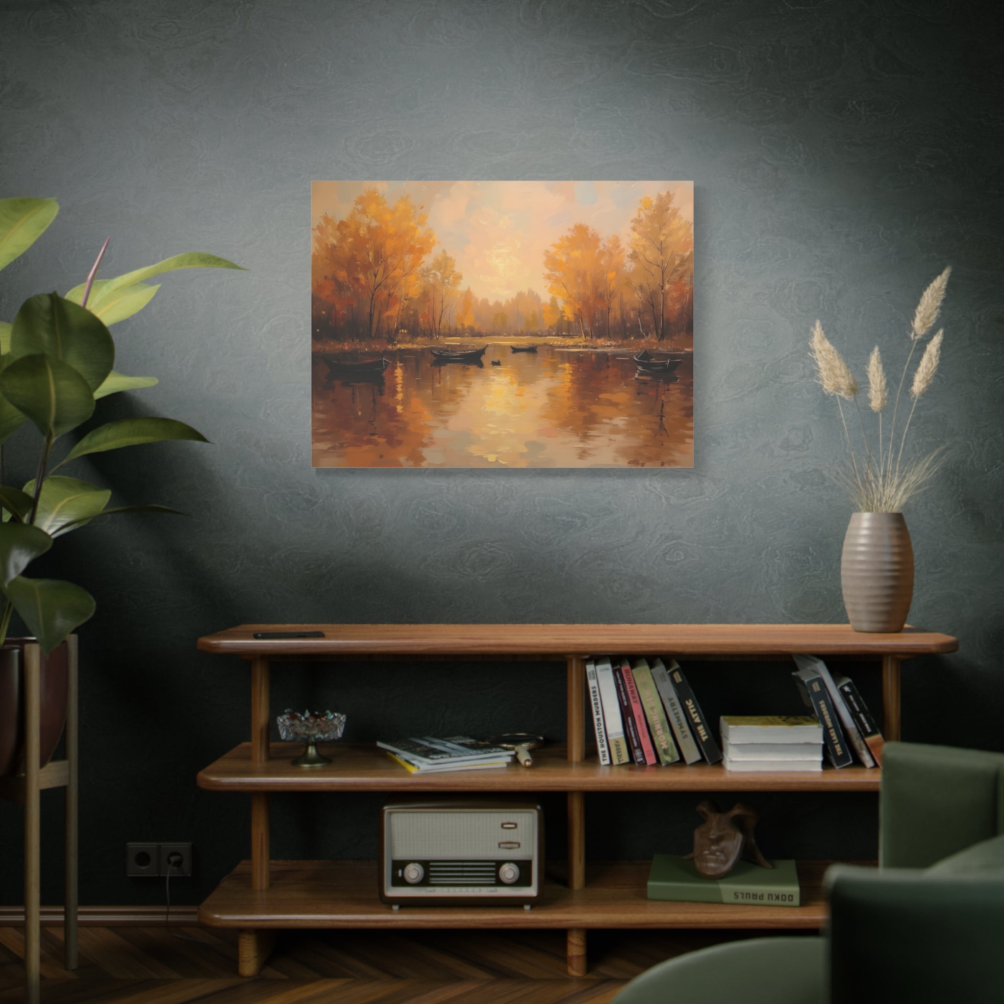 Autumn at the lake with rowboats Wall Art - Stretched Canvas