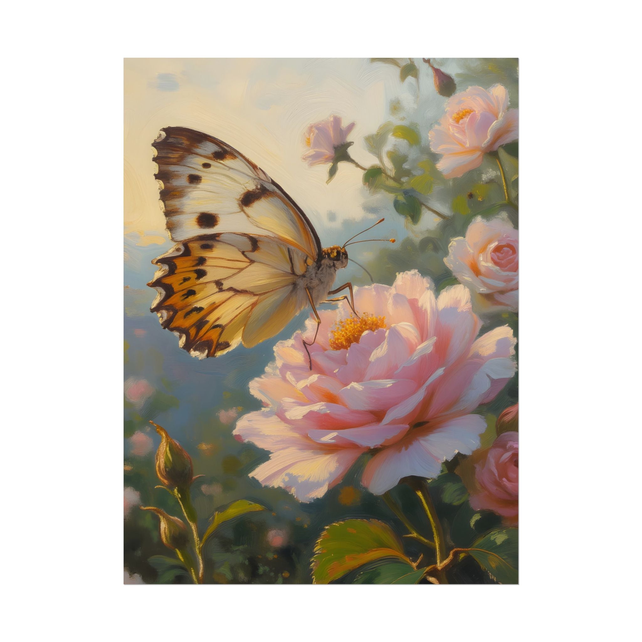 Butterfly on Pink Rose Wall Art - Poster