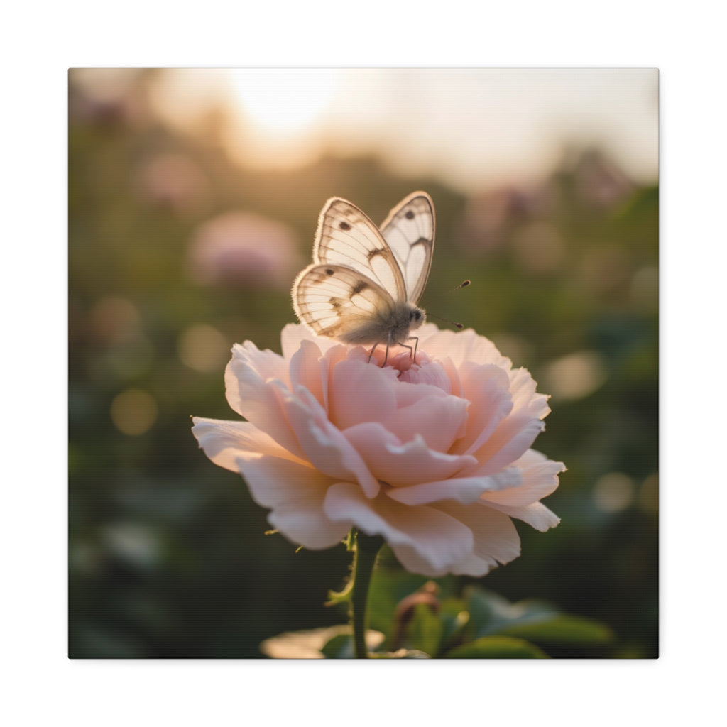 Butterfly on Pink Rose Wall Art - Stretched Canvas