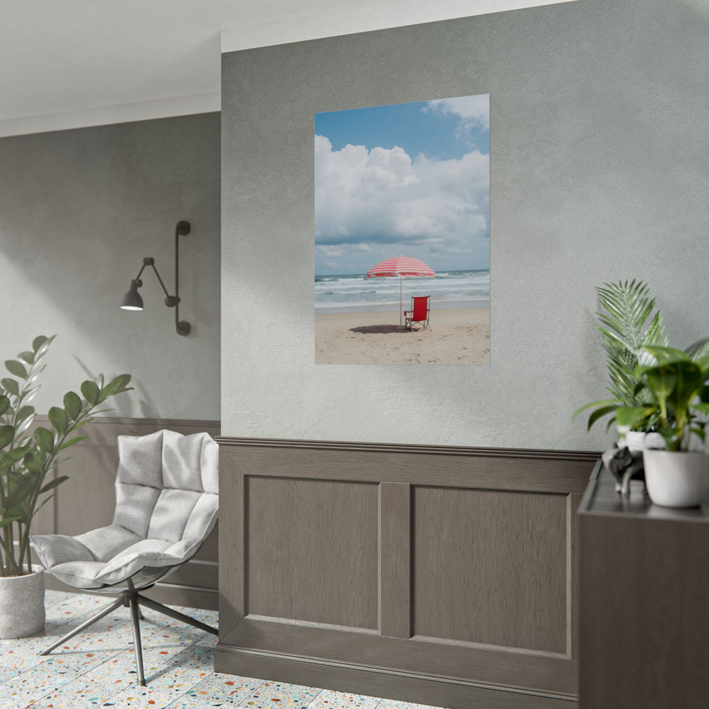 Sun-drenched beach memory with beach chair and umbrella - Poster