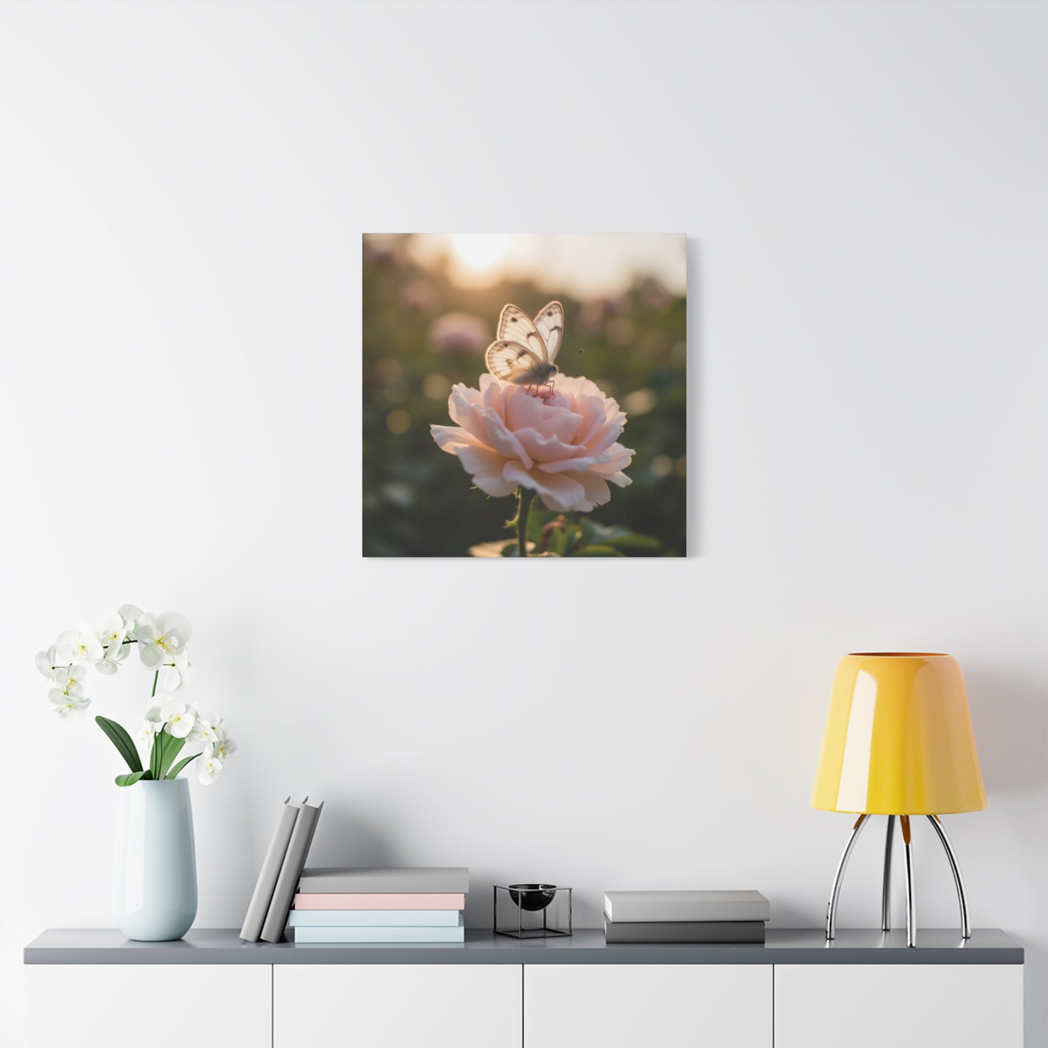 Butterfly on Pink Rose Wall Art - Stretched Canvas