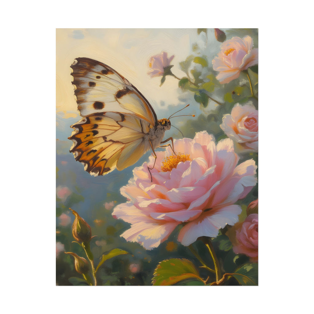 Butterfly on Pink Rose Wall Art - Poster