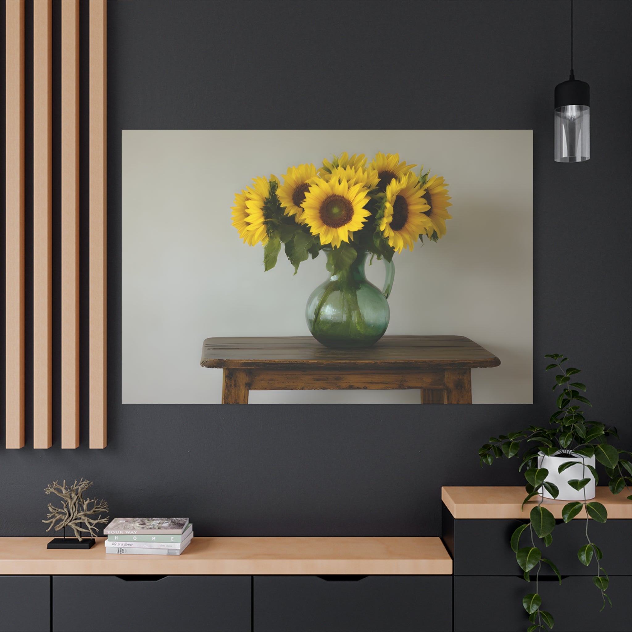 Sunflowers in Green Pitcher Wall Art - Stretched Canvas