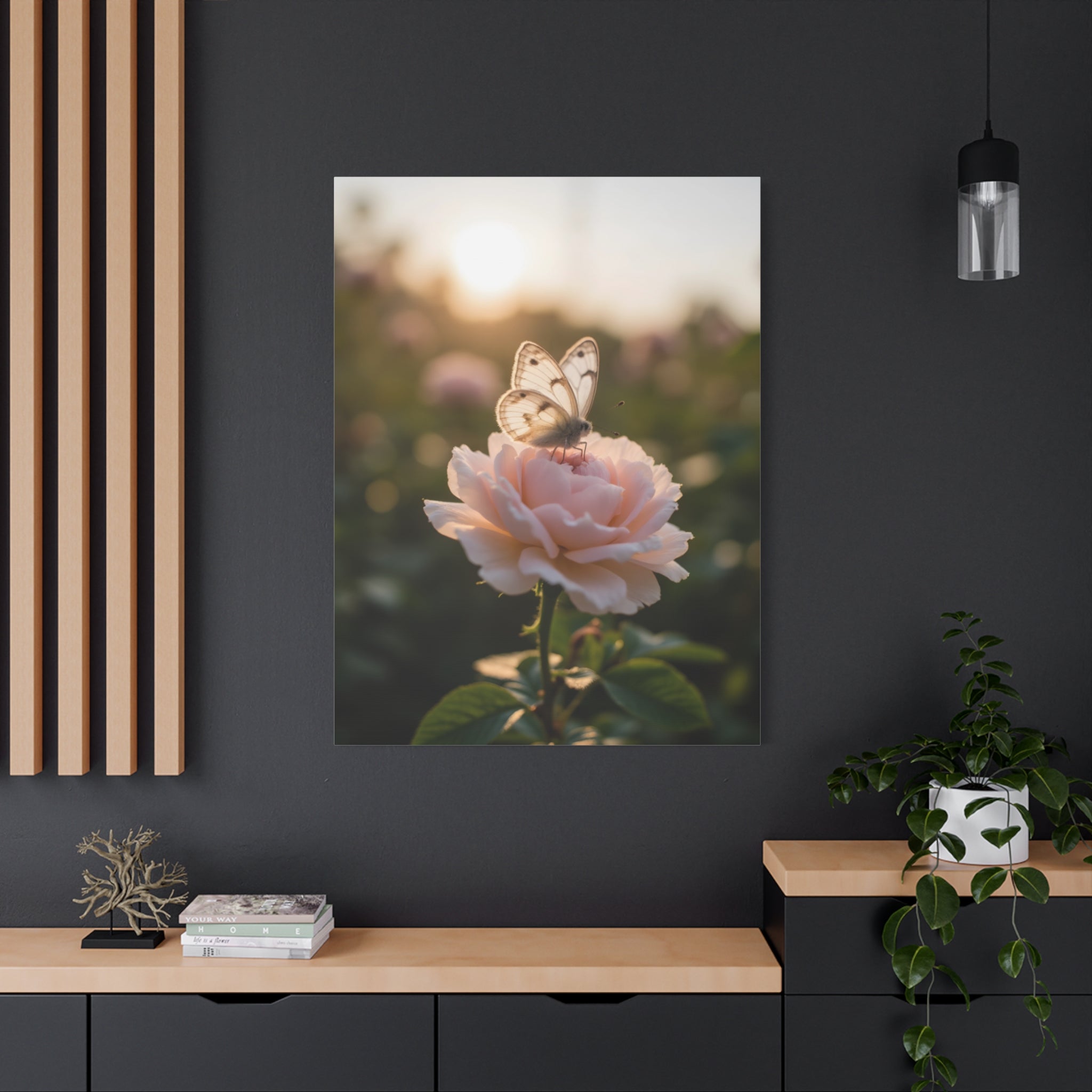 Butterfly on Pink Rose Wall Art - Stretched Canvas