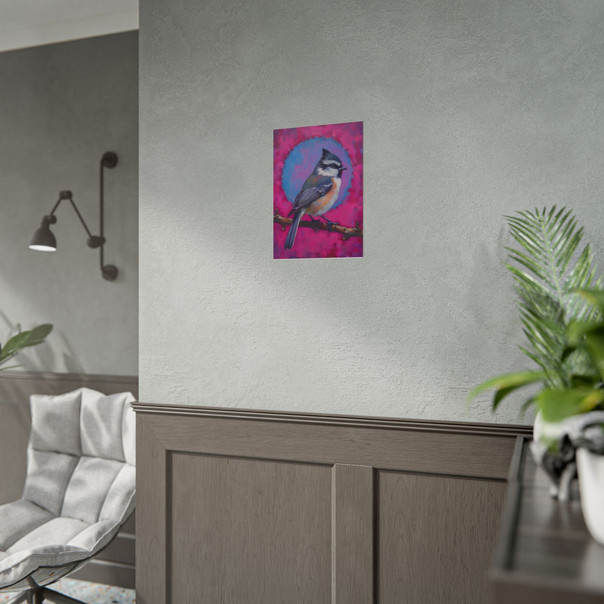 Colorful Songbird Poster — Blue Jay Art Print on Vibrant Pink Background