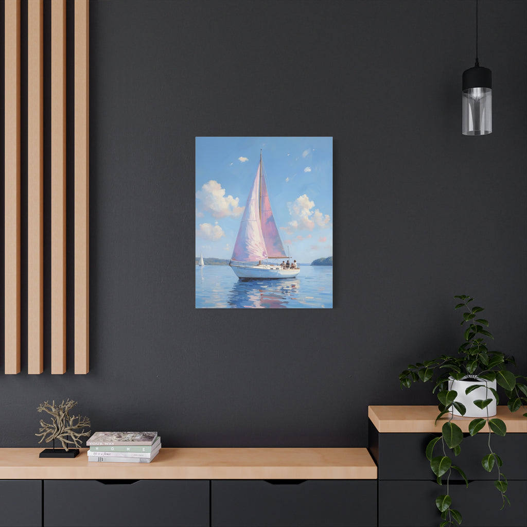 Sailing boat on calm water with pink accents Wall Art - Stretched Canvas