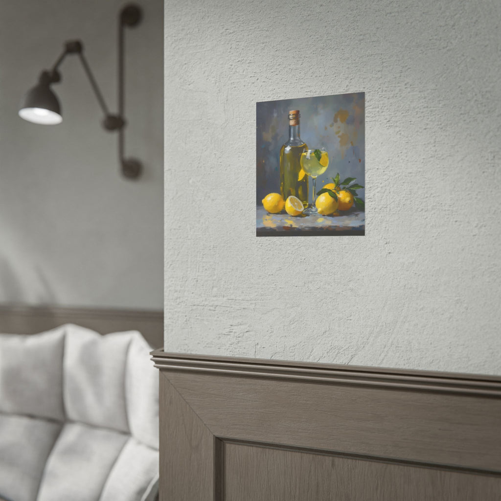 Limoncello with lemons Still Life Rolled Poster – Citrus Bottle Art Print