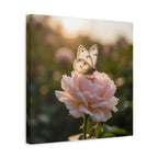 Butterfly on Pink Rose Wall Art - Stretched Canvas