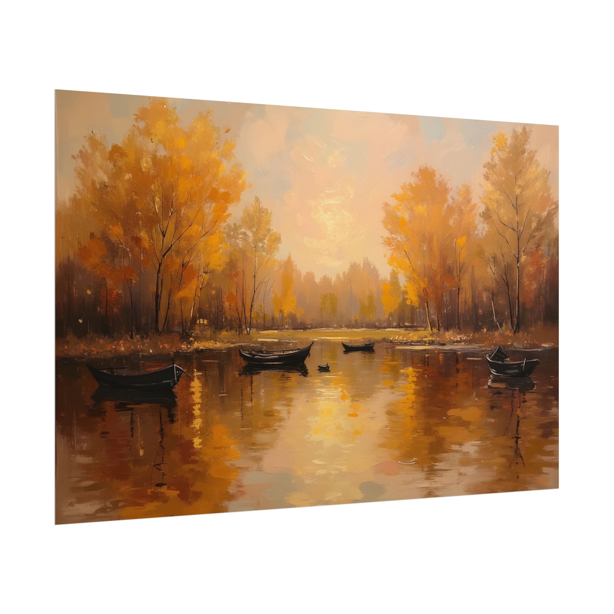 Autumn at the lake with rowboats - Poster