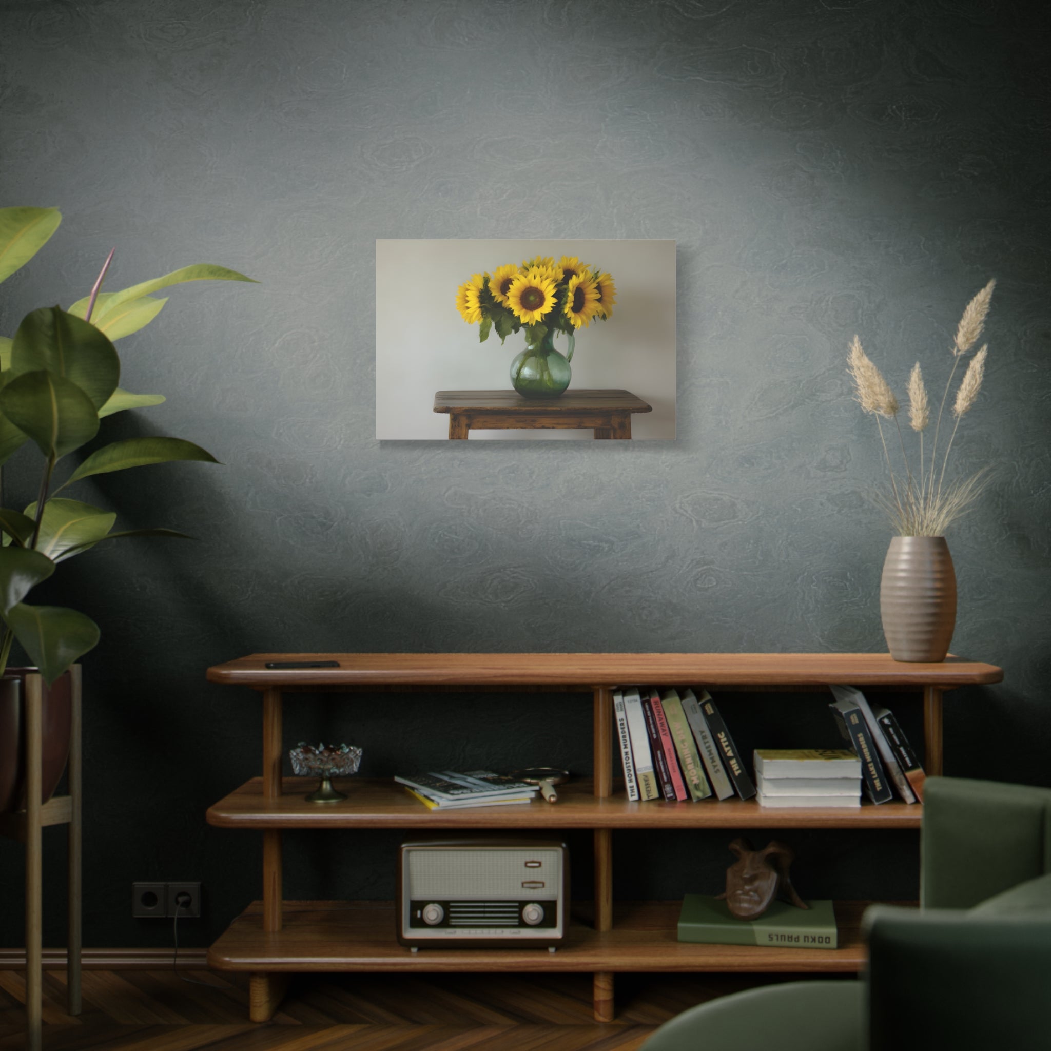 Sunflowers in Green Pitcher Wall Art - Stretched Canvas