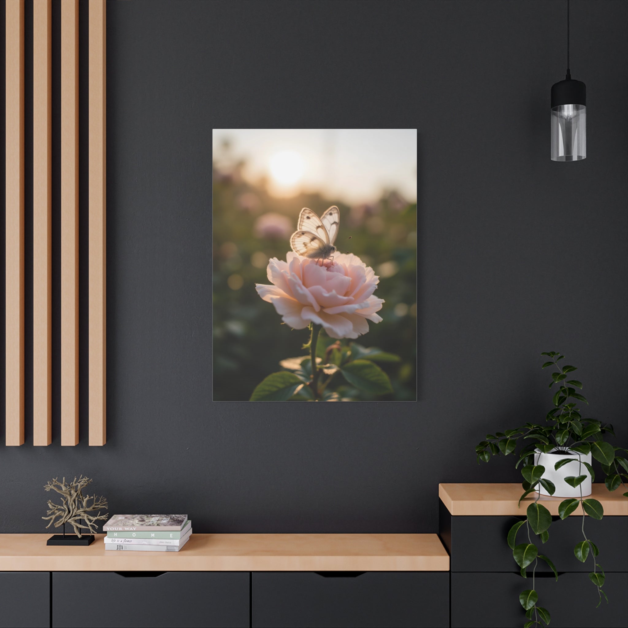 Butterfly on Pink Rose Wall Art - Stretched Canvas