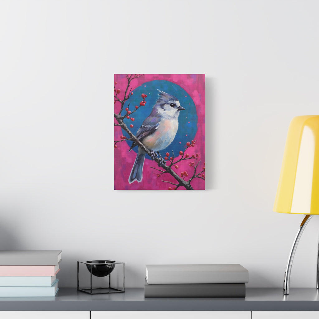 Blue jay on a holly branch Wall Art - Stretched Canvas