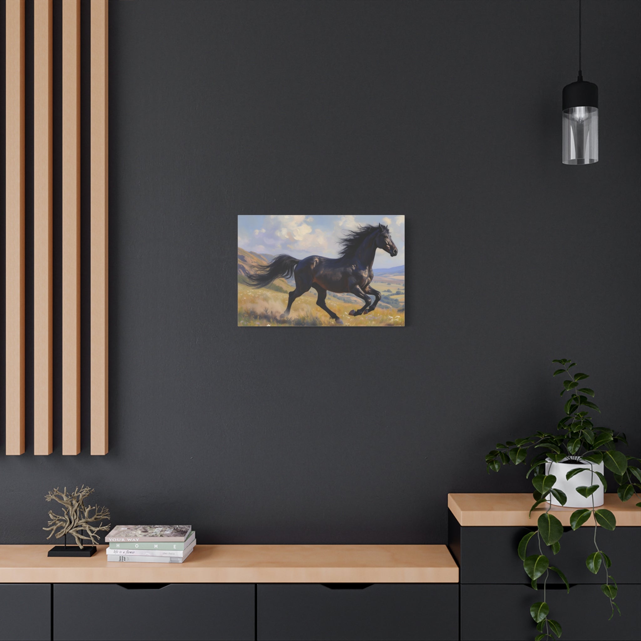 Running Black Stallion Wall Art - Horse Painting - Stretched Canvas