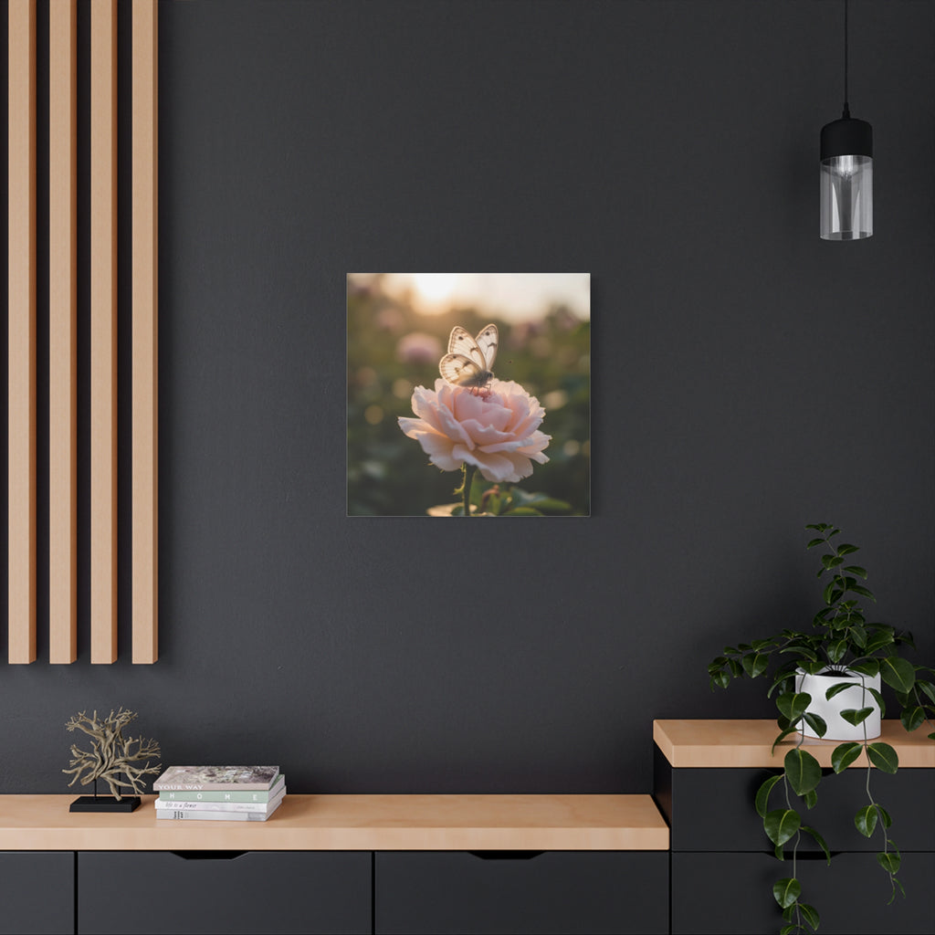 Butterfly on Pink Rose Wall Art - Stretched Canvas